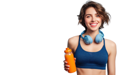 Fit young woman with headphones holding a drink bottle, smiling, on a white background.