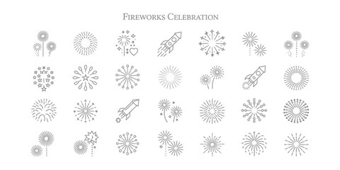 Fireworks Celebration Assorted Outline Icons, Rocket Silhouette, Light Gray, White Backdrop
