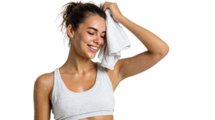 Fit woman wiping sweat away with a towel after exercising, isolated on a white background.