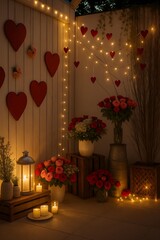 Romantic Setting with Hearts, Flowers, and Cozy Candlelit Ambience