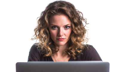 Focused woman with curly hair working on laptop, white isolate background.