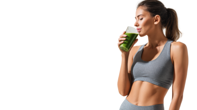 Fit woman enjoying a healthy green drink, emphasizing wellness and vitality.