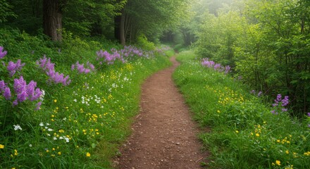 Obraz premium Winding Path Through a Sunlit Forest with Purple and Yellow Wildflowers