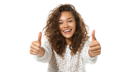 Happy young woman giving thumbs up with a bright smile.