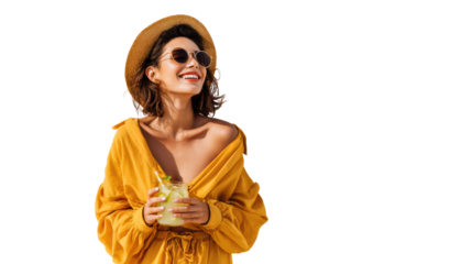 Joyful woman in yellow dress holding a drink, smiling against a white isolated background.