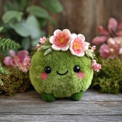 Cute green plush toy with flower crown surrounded by plants in a natural setting Generative AI
