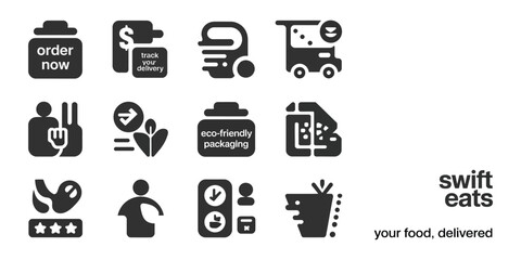 Food Ordering Service Icons Showing Order, Eco Packaging on White Background