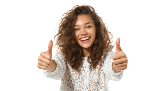 Happy young woman giving thumbs up with a bright smile.