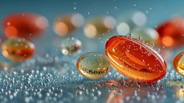 Glossy capsules with air bubbles on a wet surface, featuring vivid orange and amber colors.