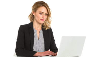 Professional woman working on her laptop in a modern office setting, focused and productive.