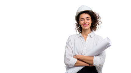 Smiling architect in a hard hat holding blueprints, isolated on white background.