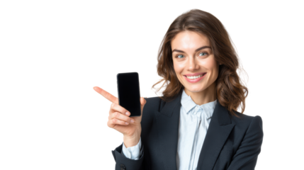 Smiling businesswoman in a suit pointing at a smartphone, isolated on a white background.