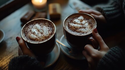 Two steaming cups of hot chocolate, held by warm hands.
