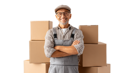 Smiling delivery man standing confidently in front of boxes, isolated on white background.