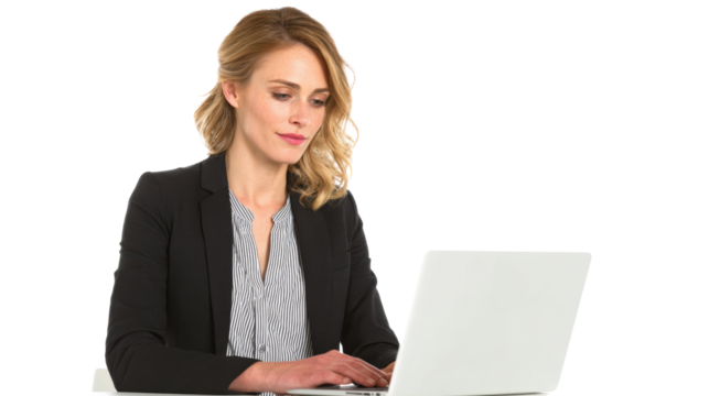 Professional woman working on her laptop in a modern office setting, focused and productive.