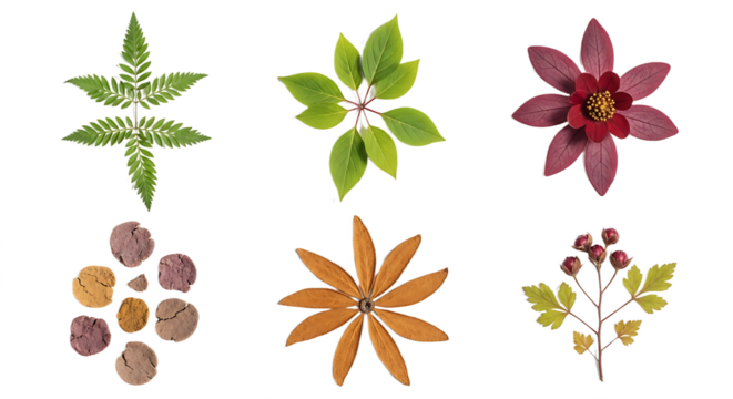 Botanical Composition Pressed Flowers and Foliage Arrangement on White. PNG Transparent Background