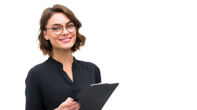 Smiling businesswoman holding a clipboard, isolated on white background.