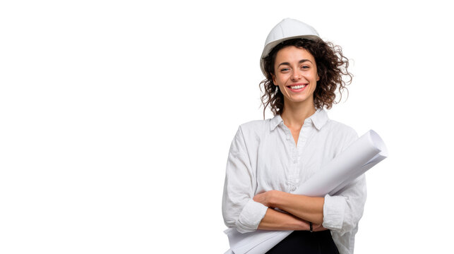 Smiling architect in a hard hat holding blueprints, isolated on white background. - Powered by Adobe