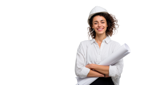 Smiling architect in a hard hat holding blueprints, isolated on white background.