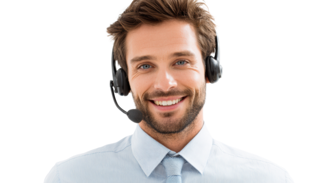 Smiling male customer service representative in headset, isolated on white background.
