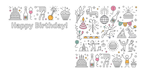 Happy Birthday Greetings with Line Art Icons of Cake, Gifts and Party Elements