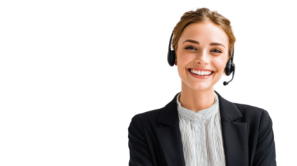 Smiling woman in headset, isolated on white background, representing customer service and professionalism.