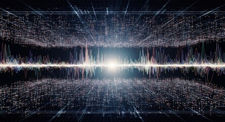 Abstract digital graphic of sound waves, cityscapes, and data streams.