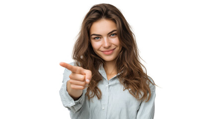Smiling young woman pointing with finger, showcasing confidence and approachability.
