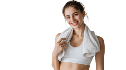 Smiling young woman in activewear holding a towel after workout, isolated on white background.