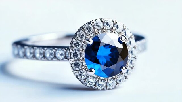 Elegant silver ring with vibrant blue sapphire surrounded by sparkling diamonds