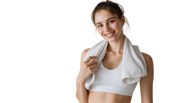 Smiling young woman in activewear holding a towel after workout, isolated on white background. - Powered by Adobe