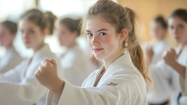 Karate class of young girls practicing a technique.