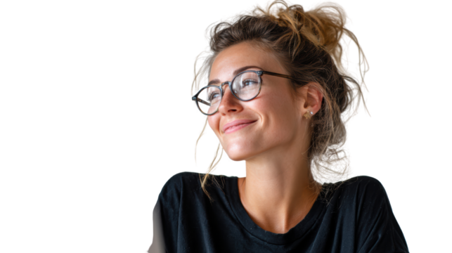 Smiling young woman with glasses, enjoying a contemplative moment, isolated on a white background.