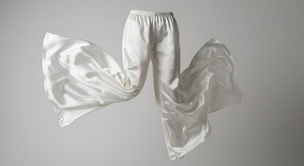 Naklejka premium Elegant floating white silk pants captured in a studio setting, fashion concept.