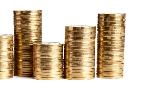 Gold coin stacks rise on white, showing incremental growth