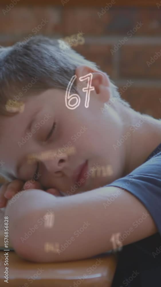 Poster animation of looping changing numbers over caucasian boy sleeping on book in classroom