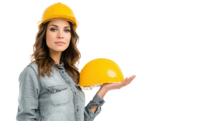 Woman holding a yellow hard hat, wearing a denim shirt, isolated on a white background.