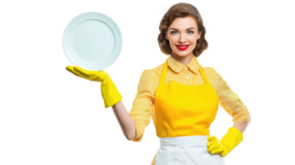 Woman in yellow apron and gloves holding a clean plate, smiling, on a white isolated background.