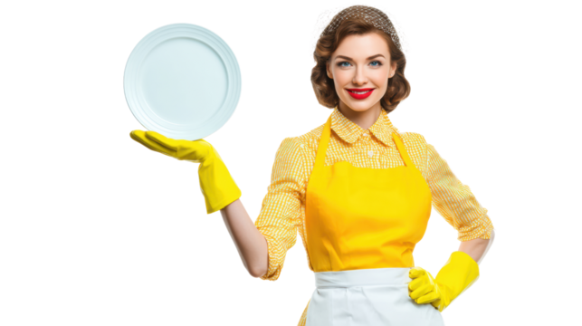 Woman in yellow apron and gloves holding a clean plate, smiling, on a white isolated background.