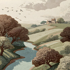 Tranquil Countryside: A Nostalgic Glimpse into Nature's Peaceful Embrace in Vintage Style Illustration