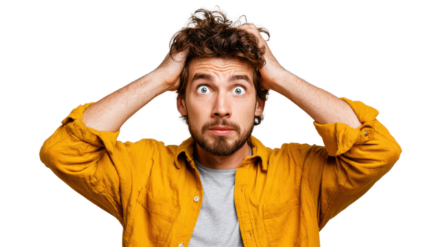 Young man expressing frustration, holding his head with a distressed look on his face, isolated on white background.