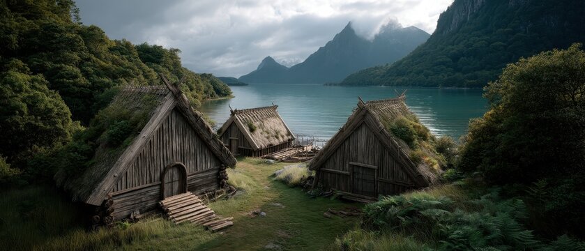 Viking hedeby settlement with wooden longhouses by a fjord