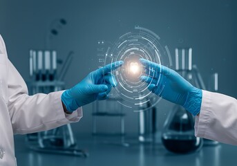 Two scientists in lab coats and gloves interact with a holographic projection in a scientific laboratory setting.