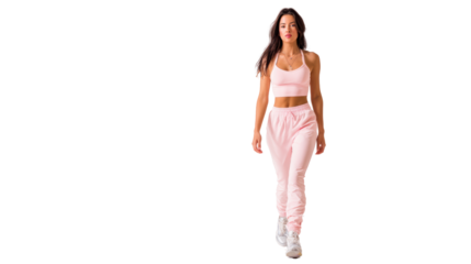 Young woman in pink activewear walking confidently, casual fitness style, athletic look, white isolate background.