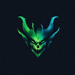 Mysterious green and blue skull design with sharp horns in a dark background Generative AI