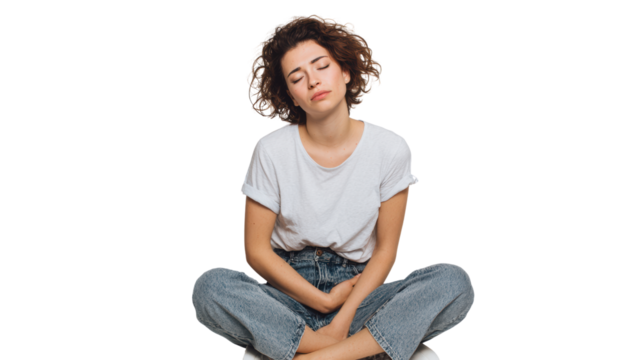 Young woman sitting in a relaxed position, expressing calmness and tranquility.