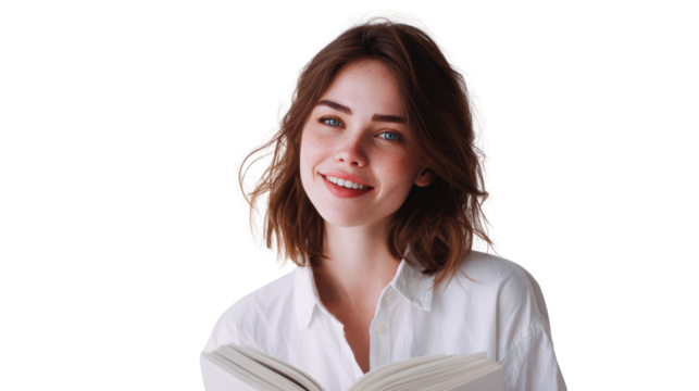 Young woman smiling while reading a book, white isolate background.