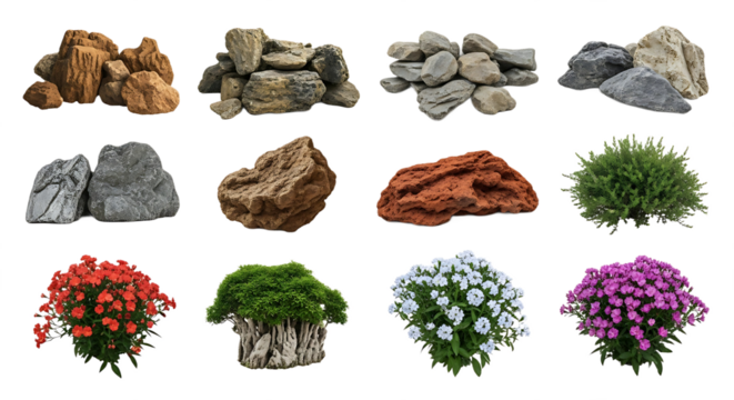 Collection of RoughTextured Stones and Vibrant Flowering Plants. PNG Transparent Background