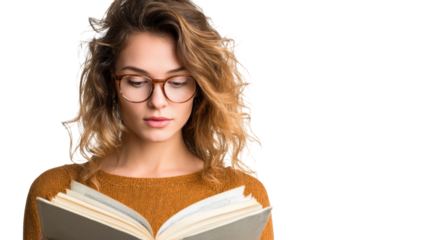 Young woman with glasses reading a book, focused on the text with a thoughtful expression.