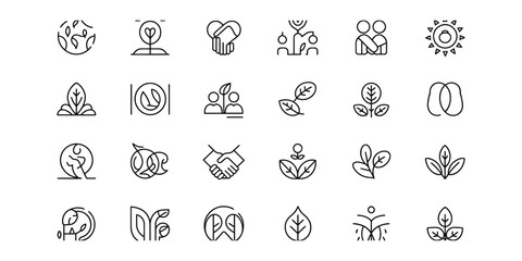 Nature Black Line Icon Set, World, Leaf, Handshake, Team, Sun, Plant on White
